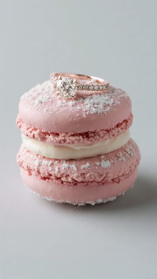 Pink macarons, powdered sugar snow, and a diamond ring