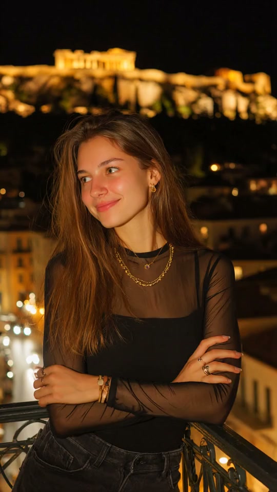 Night balcony portrait with layered gold jewelry