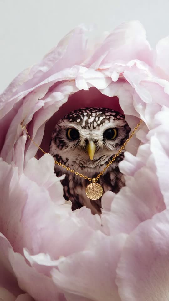 Tiny owl in a pink peony wearing a gold pendant
