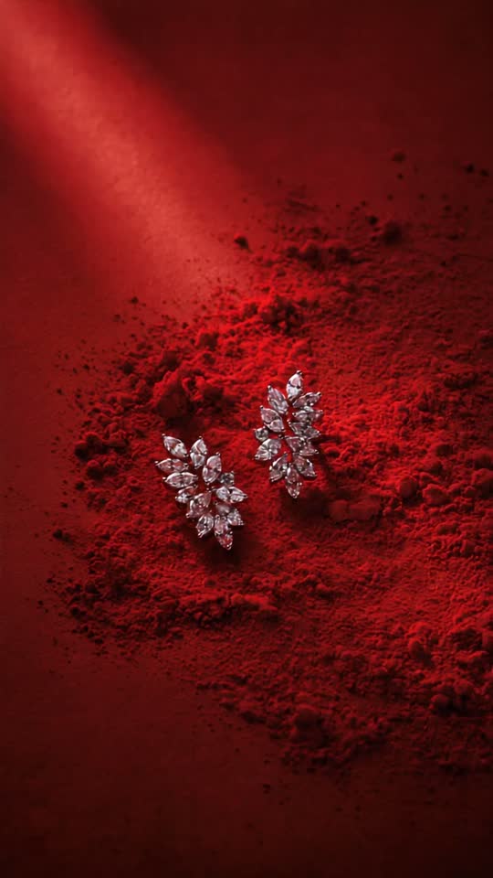 Diamond earrings in a slow-motion red powder explosion