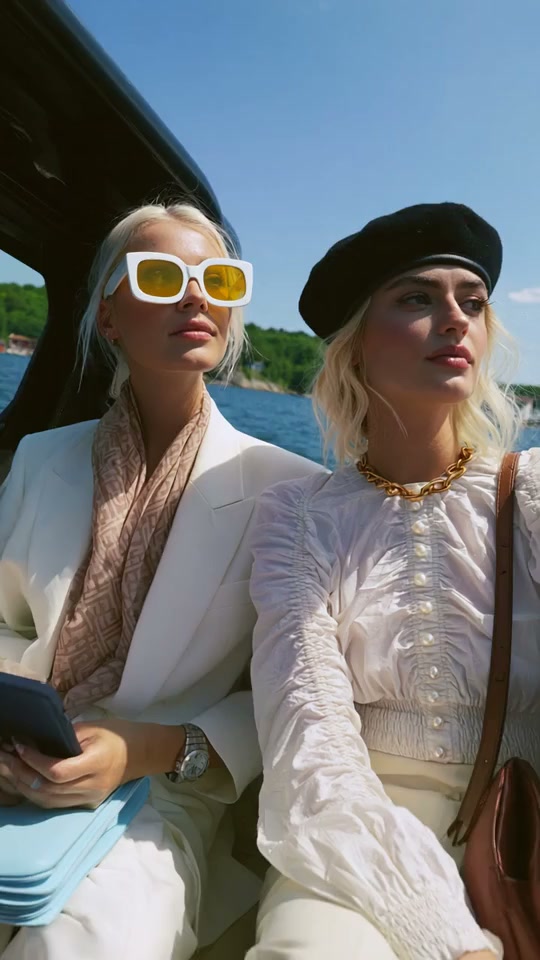 Summer boat portrait with layered gold jewelry